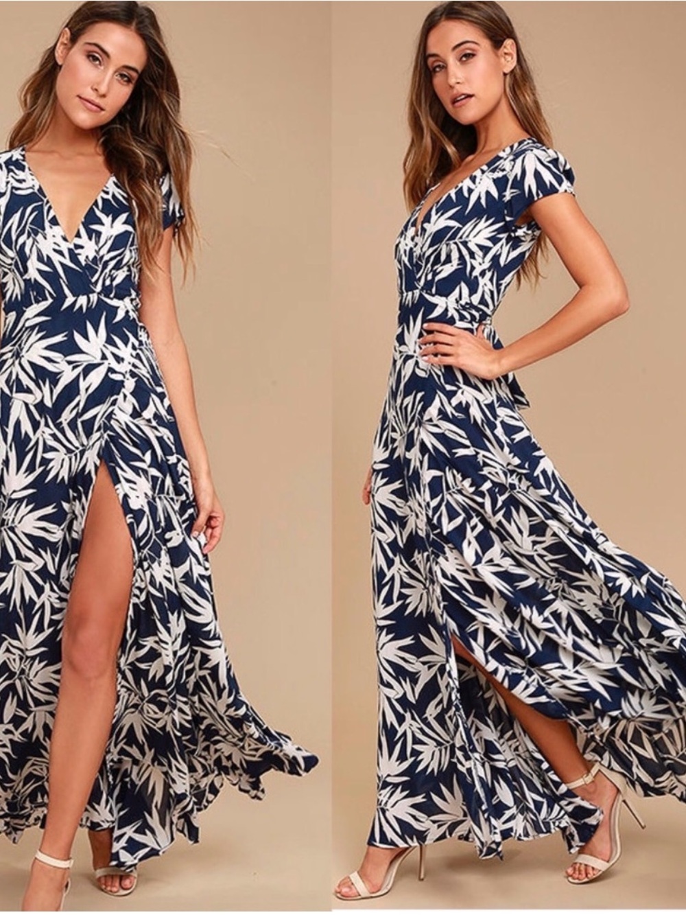 Amuse Society Navy and White Leaf-Print Wrap Maxi